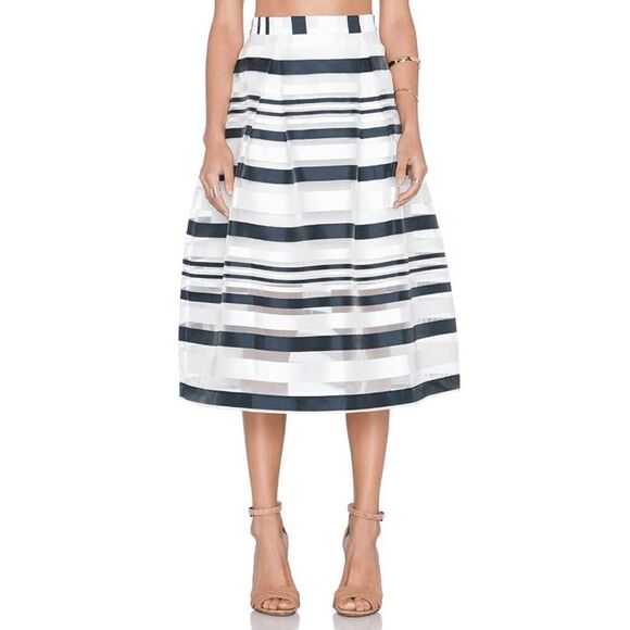 Moon Womens Lined Organza Circle Midi Skirt White Black Striped Sz S - Picture 2 of 15